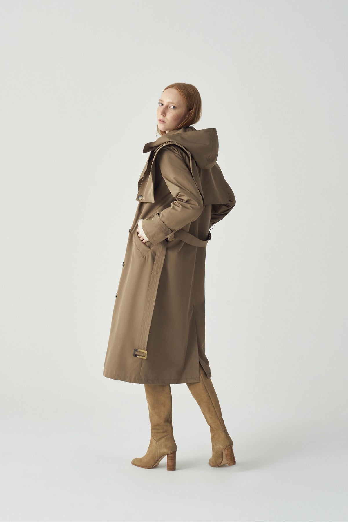 Beige Trench Coat with Hoodie