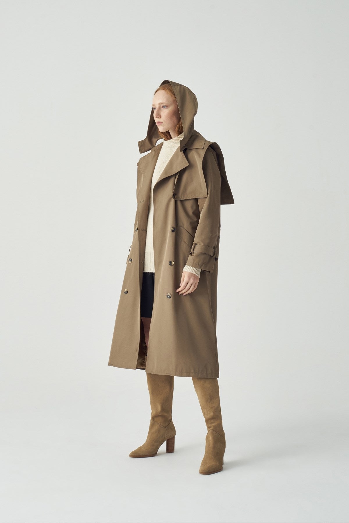 Beige Trench Coat with Hoodie